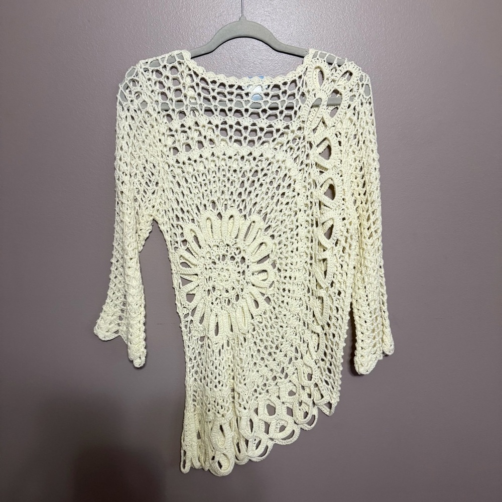 K. Jordan Y2K Crochet Lace Top Ivory Asymmetrical Hem Bohemian Women's Large - Picture 5 of 6